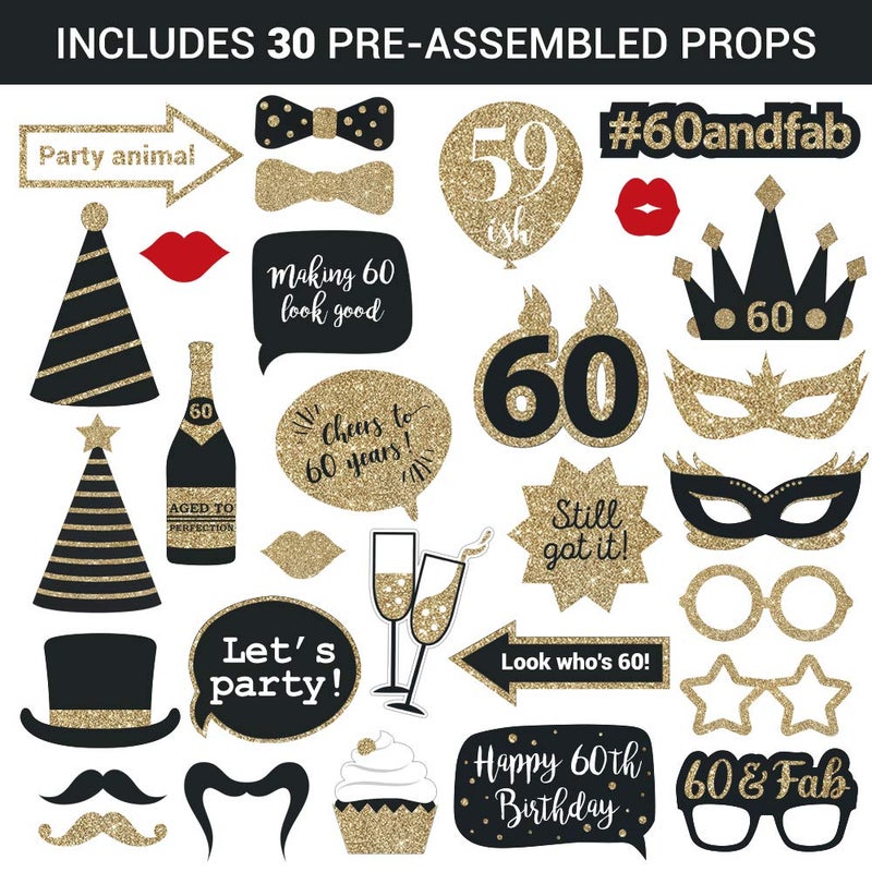 Perfect Occasion Fully Assembled 60th Birthday Photo Booth Props - Set of 30 - Black & Gold Selfie Signs - 60th Party Supplies & Decorations - Cute Bday Designs with Real Glitter - Did We Mention No DIY - Image 4